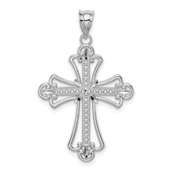 14k Yellow Gold White Polished Diamond-cut Textured Cross Pendant